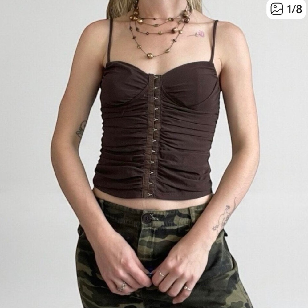 Moa Moa Sheer Brown Ruched Clasp Button Down Padded Tank Top Women’s size Small